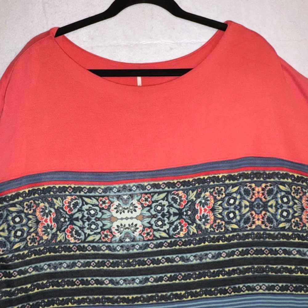 Free People Coral Boho Mixed Print Drop‎ Shoulder Tunic knit 3/4 sleeve dress M